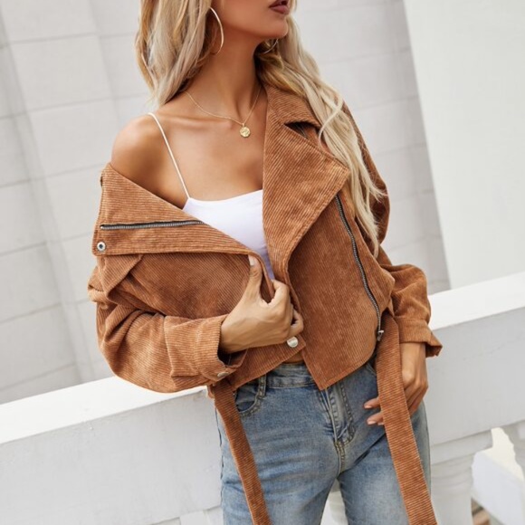 Rust Brown Corduroy Moto Biker Jacket Shacket - Picture 8 of 8